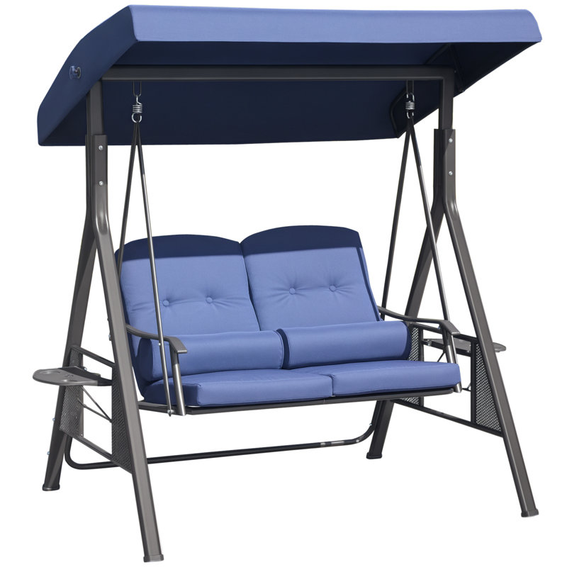 Banc de patio pour 2 personnes avec auvent réglable, coussins moelleux, coussins décoratifs et plateau, bleu foncé, Bleu