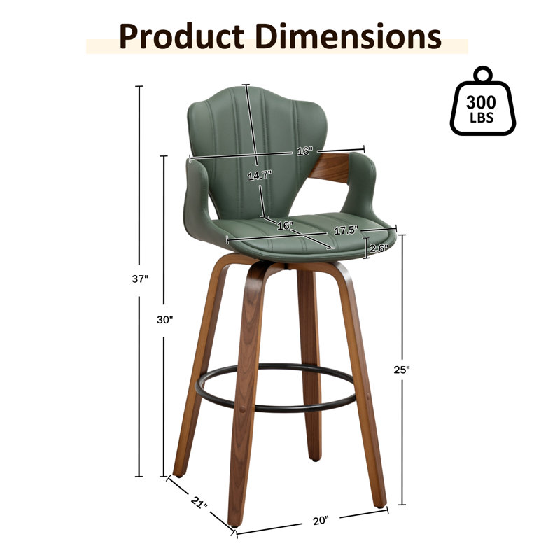 Tabouret de bar pivotant à 360 ° Hocking avec structure en bois, Tabouret de comptoir (siège d'une hauteur de 25 p, Vert