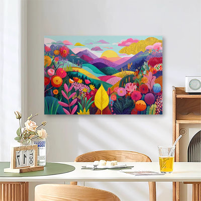 Grande reproduction d'art sur toile tendue avec châssis, montagne colorée bohème et paysage floral abstrait pour le salon et la chambre à coucher
