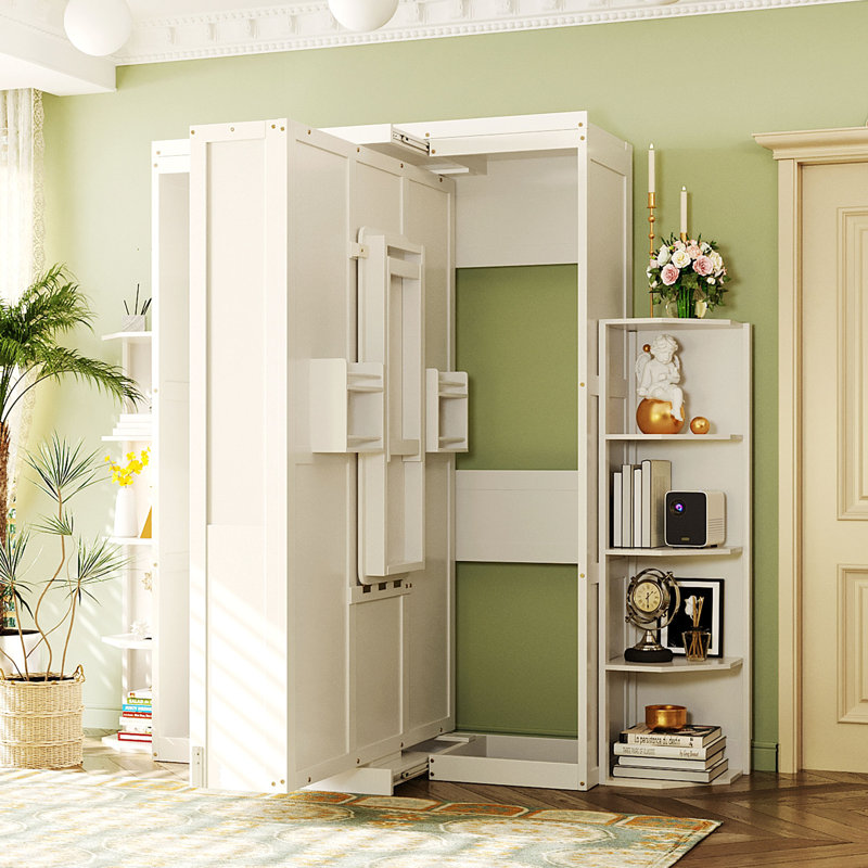 Rotating Full Murphy Bed with Desk & Dual 3-Tier Shelves, Hidden Wall Storage, Space-Saving Home Office, White, White