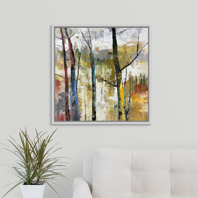 « the landscape-out », peinture sur toile, H 25,7 po x l 25,7 po x p 1,75 po, Cadre flottant blanc