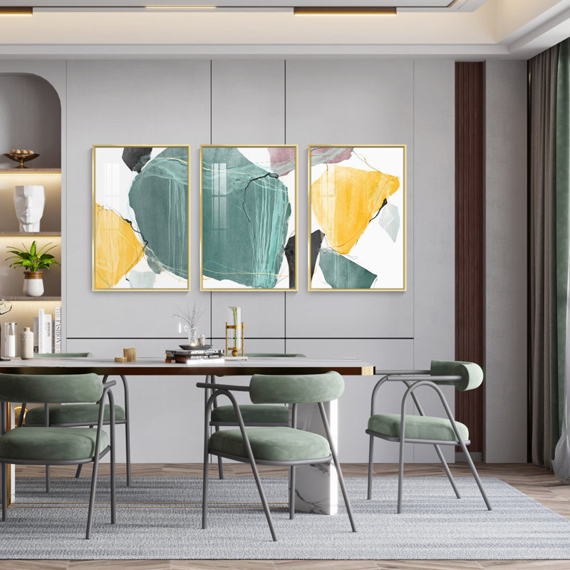 Abstrait aluminium encadré, ensemble de 3 reproductions d'art encadrées sur toile 2, H 24,3 po x l 48,3 po x P 1,65 po, Or