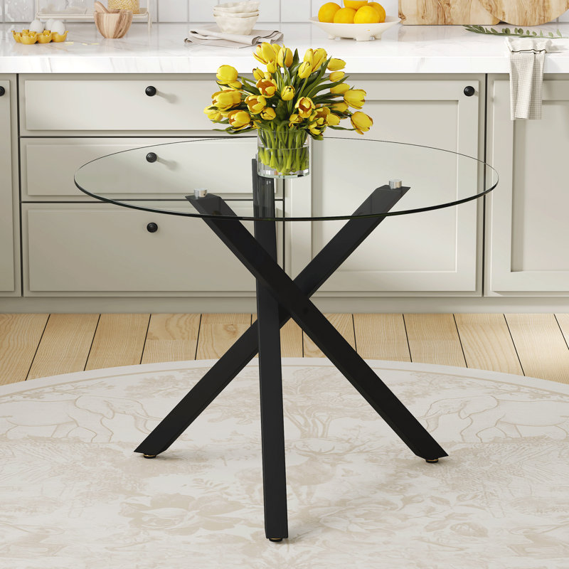 Compact Glass Dining Table, 39" Round, Modern Metal Frame For Kitchens
