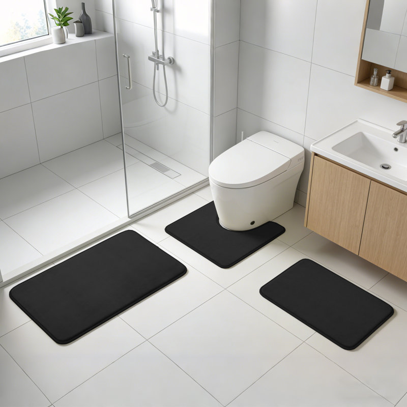 Ensemble de tapis de salle de bain en mousse viscoélastique 3 pièces, tapis de bain en flanelle antidérapante avec tapis de toilette en forme de U, noir