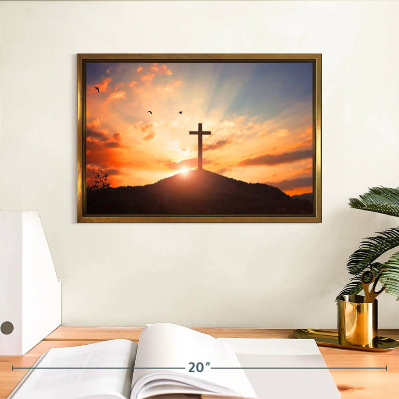 Coucher de soleil en croix, Cadre flottant doré, 13 po x 9 po