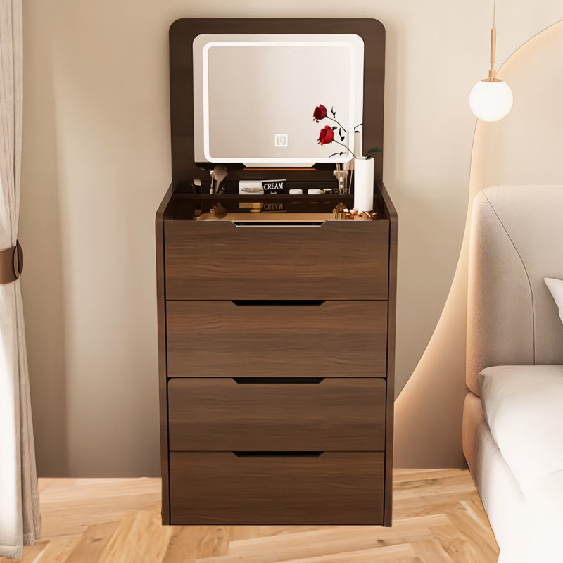 Bureau de coiffeuse 3-en-1 avec miroir éclairé et tabouret, coiffeuse compacte, finition noyer | Idée de cadeau, Brun