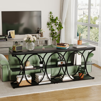 Console de 39 po pour l'entrée - Canapé industriel à 3 niveaux avec base ronde en métal et tablettes de rangement pour le salon, le couloir et le vestibule