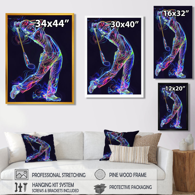 Neon Gold Player Striking - Sport Golf, art mural, H 32 po x l 16 po x P 1 po, Cadre flottant noir