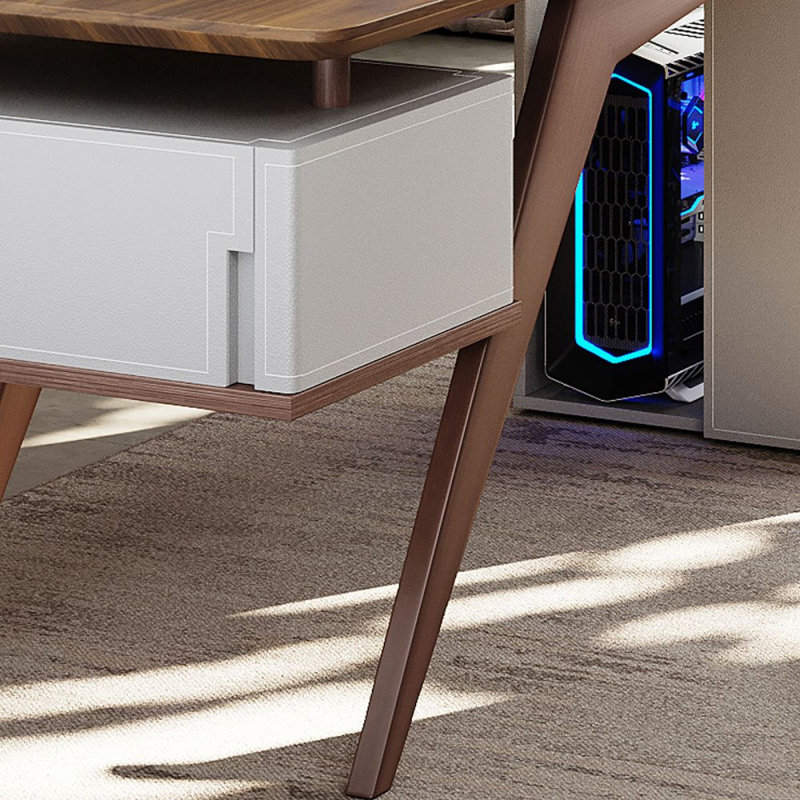 Bureau à 4 tiroirs brun noisette + blanc beige + bois manufacturé rectangulaire champagne + acier au carbone, Retour à gauche