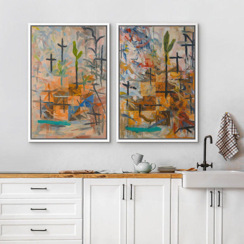 Art mural abstrait, ensemble de 2 reproductions d'art encadrées sur toile, H 24 po x l 32 po, Blanc