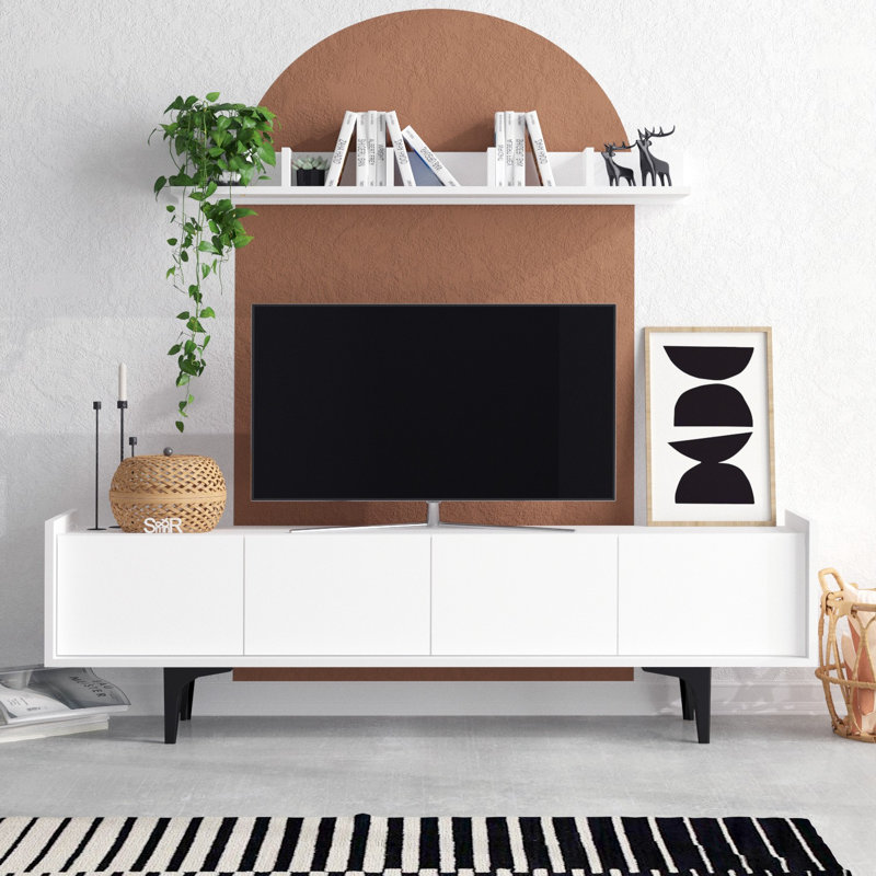 Elegant TV Unit with Wall Shelf, White Finish, 59.1 x 22.4 x 15.7 inches | 100% Melamine Coated Particle Board, Antibacterial Design | Traditional Style, Easy Assembly, Perfect for Living Room & Entertainment Spaces
