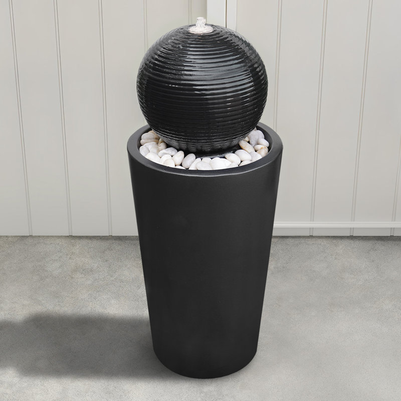 30"H Sleek Sphere Ceramic Outdoor Fountain with LED Light and Pebbles, Black