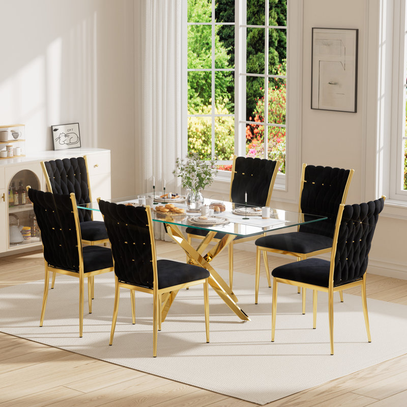 63" Rectangular Tempered Glass Table set, 7, Black/Gold