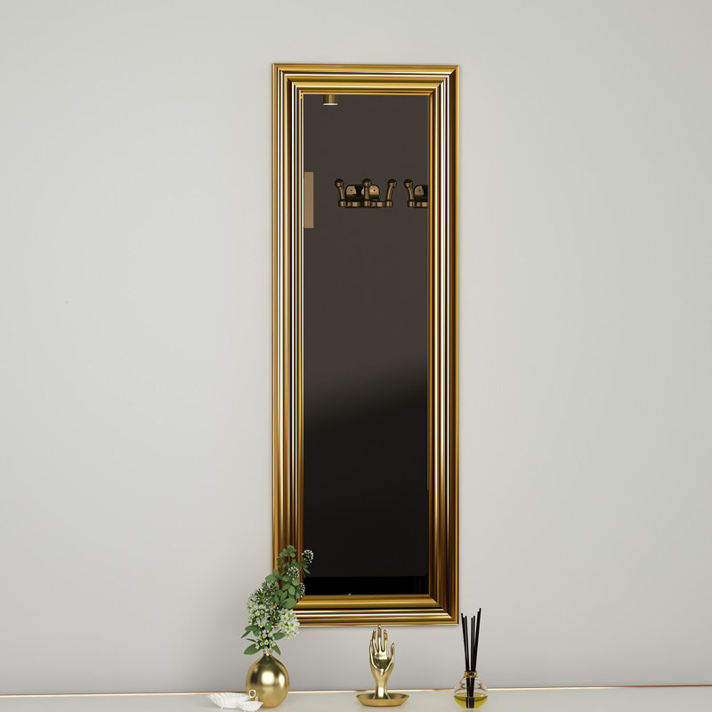 Elegant Dresser Mirror with Bright Gold Frame, 11.8 x 35.4 x 1.2 inches | 100% MDF Construction, Ecological Flotal-E Glass | Wall-Mountable, Traditional Design for Home Decor & Vanity Spaces