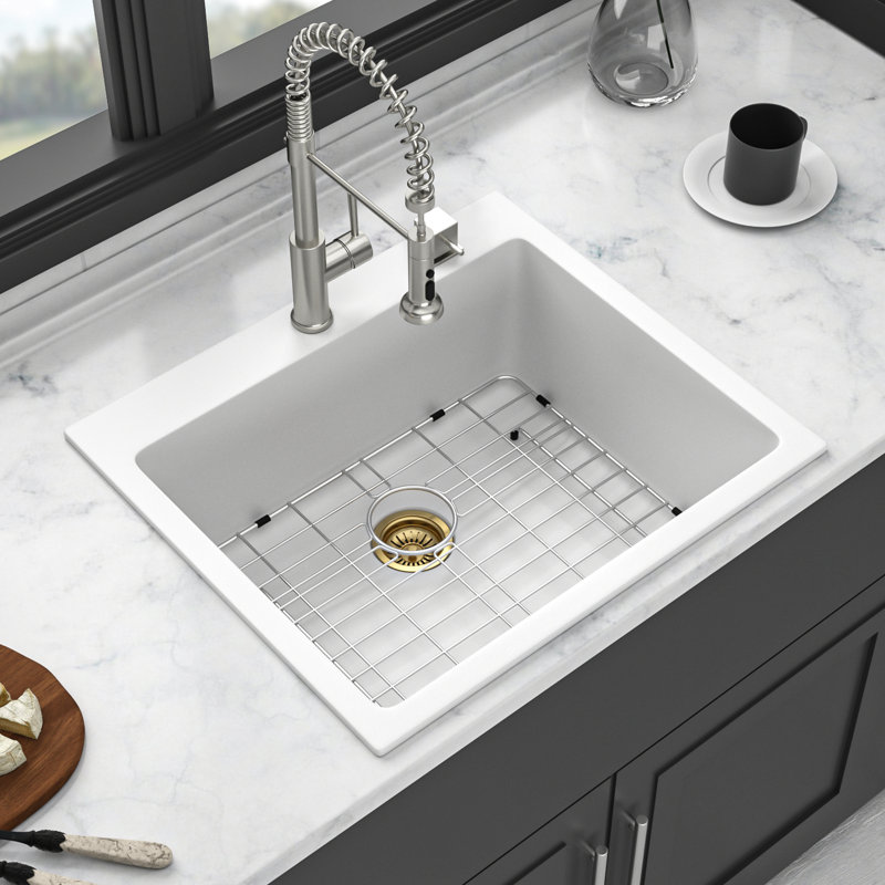 White Drop - In Quartz Kitchen Sink 25X22", Smooth And Hard Quartz, Eliminates Noise Dirt Buildup, Includes Strainers Assembly Vibration Noise, Non Porous Surface, Comes With Multiple Accessories For
