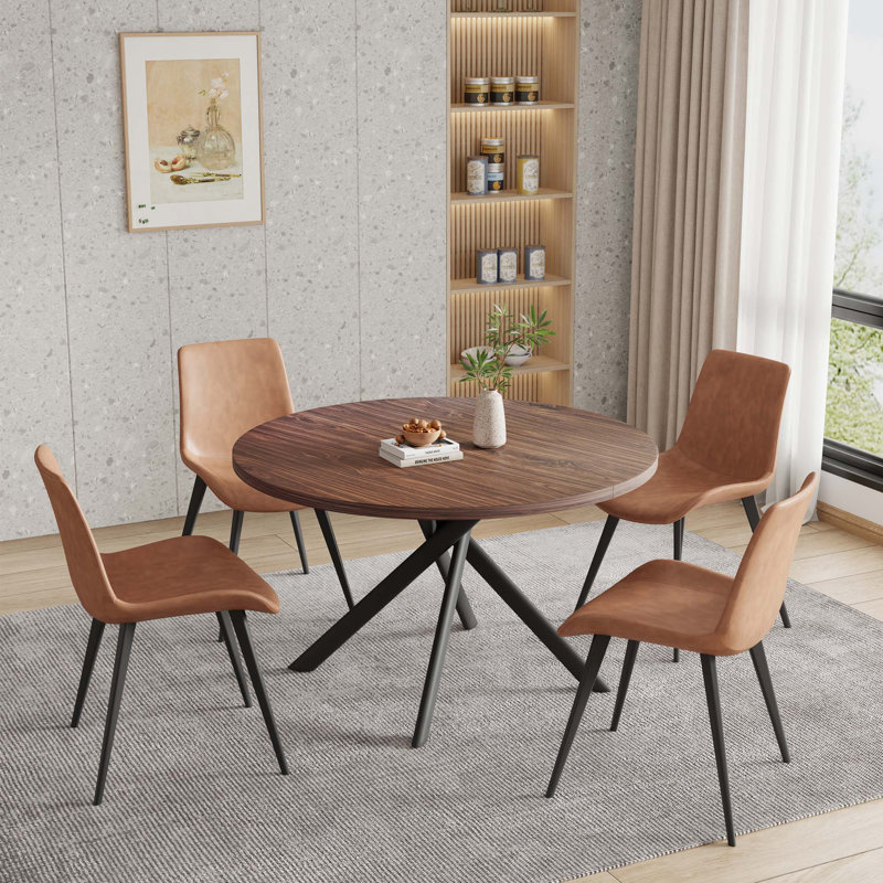 Rohun 45.3"L Round Modern Kitchen Dining Table with 32.4"H Dining Chair, Brown/Black, 5 Pieces: Table, 4 Chairs, Brown/Black