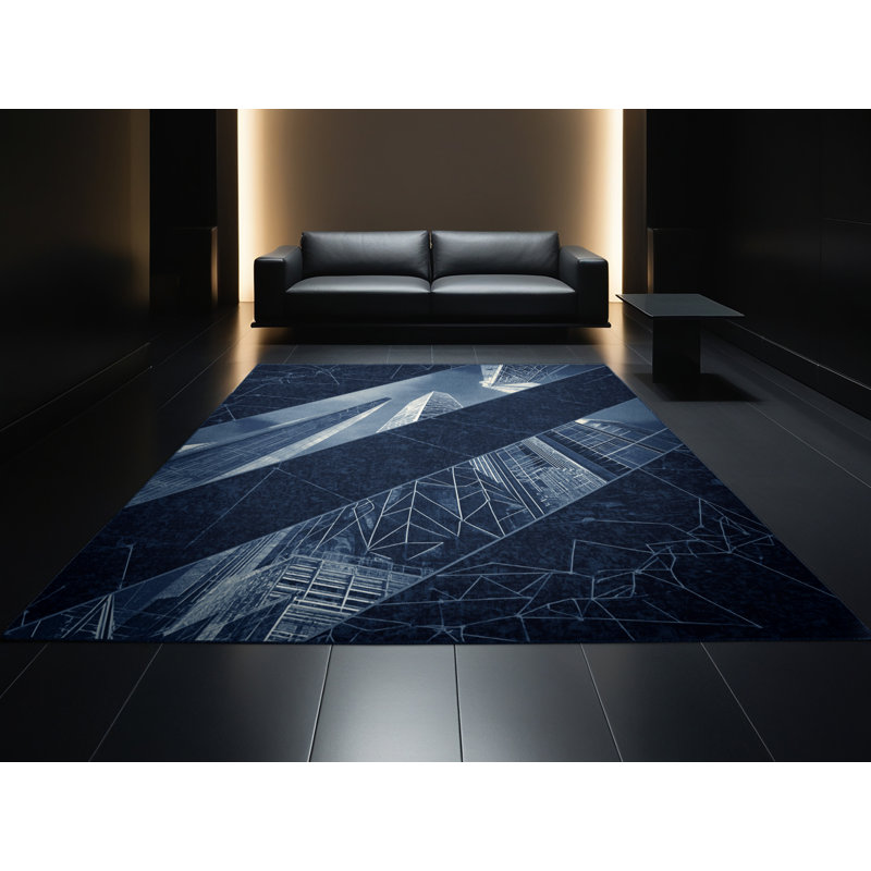 Tapis bleu moderne délavé à la machine Aidan Alien City, 5 x 8