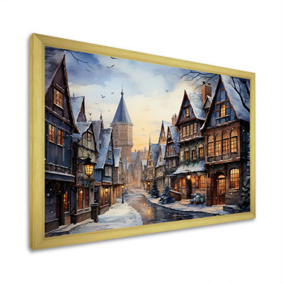 French Village Winter Sunset - Winter Landscape, art mural