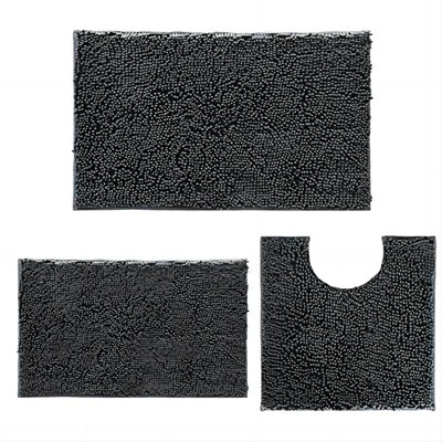 Ensemble de tapis de salle de bain ultra doux 3 pièces antidérapant, tapis de salle de bain en chenille, noir