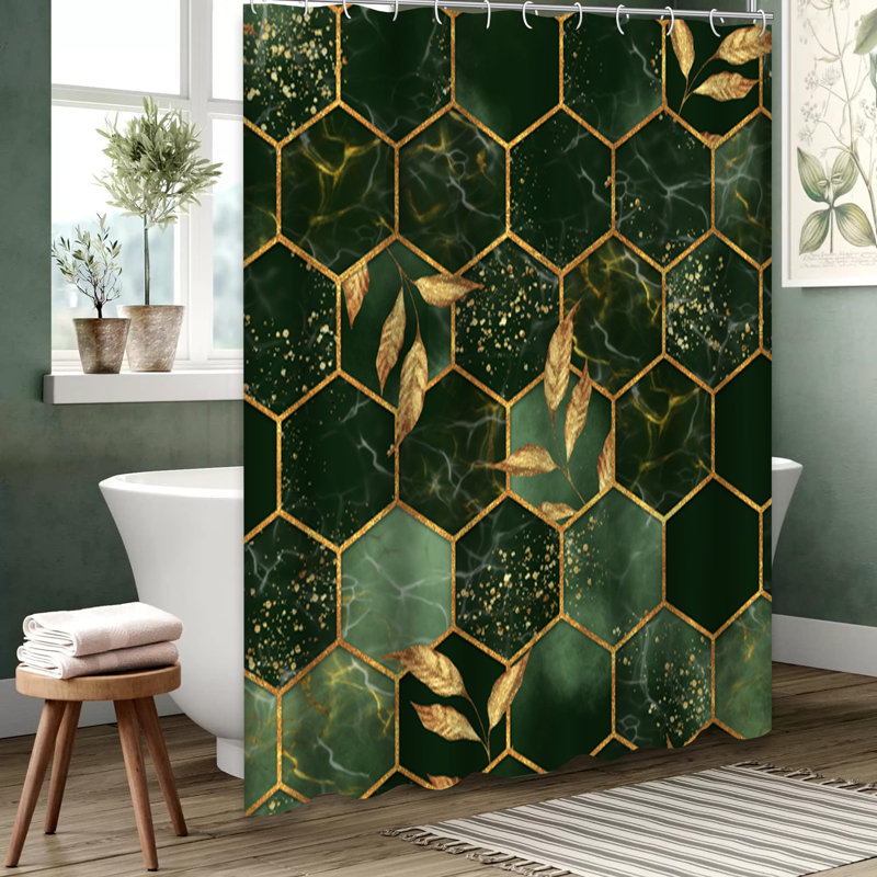 Rideau de douche à motif hexagonal en marbre doré avec 12 crochets, L 72 po x l 72 po
