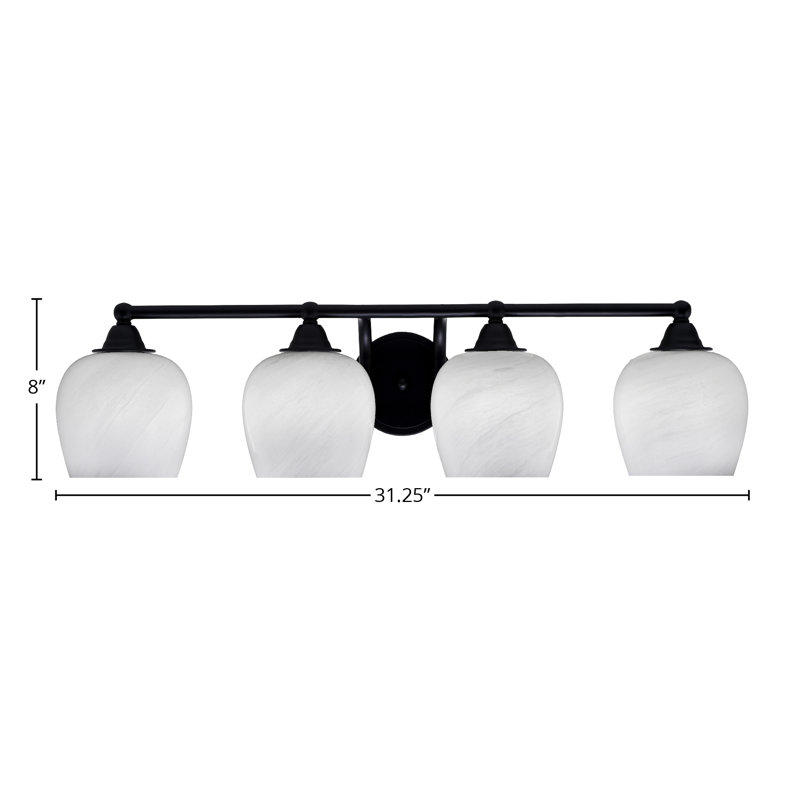 Barre d'éclairage de salle de bain 4 lumières Paramount au fini noir mat avec verre en marbre blanc de 6 po