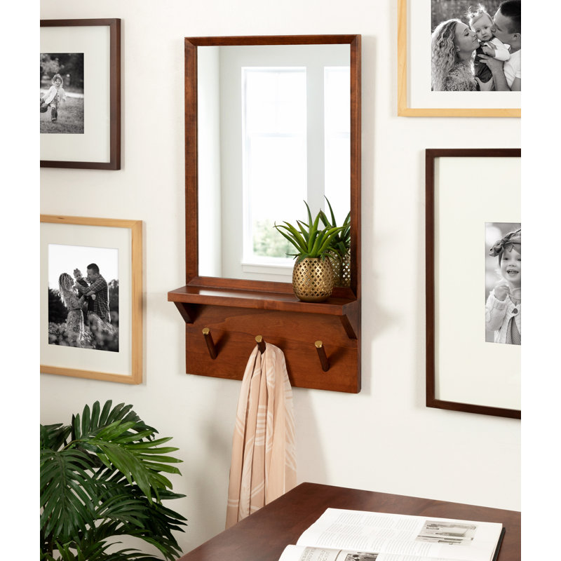 Jaela Wood Flat Mirror with Shelves, 24" x 24", Walnut Brown