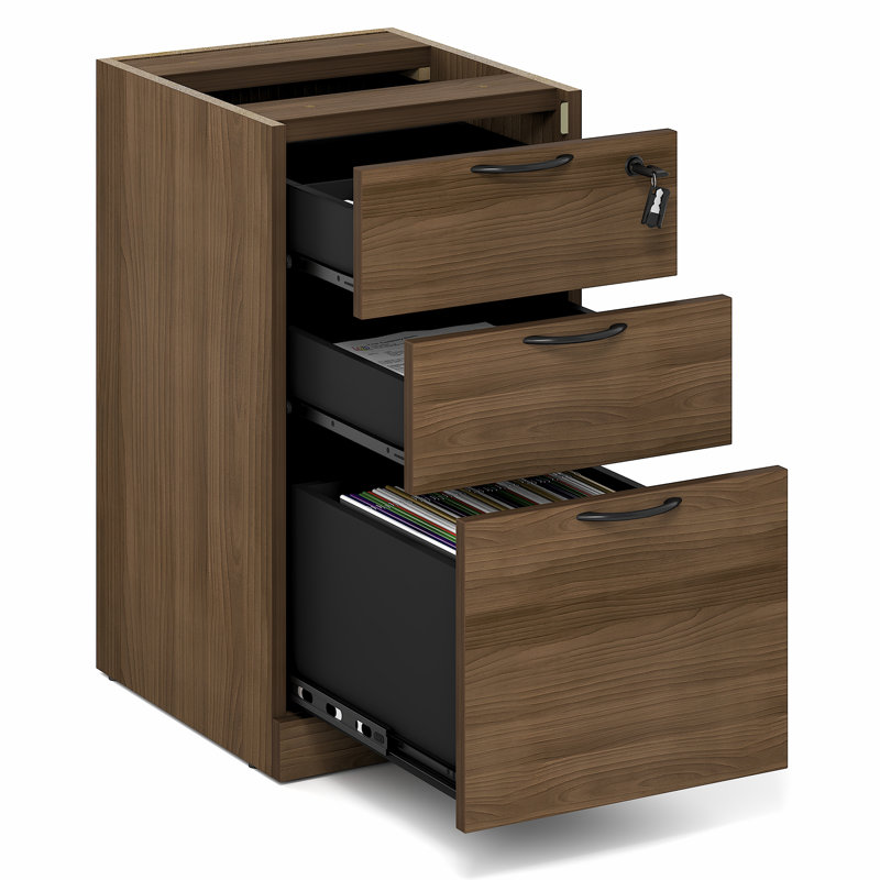 Classeur à caisson fixe à 3 tiroirs avec serrure, idéal pour le bureau à domicile, fini noyer moderne, Noyer moderne