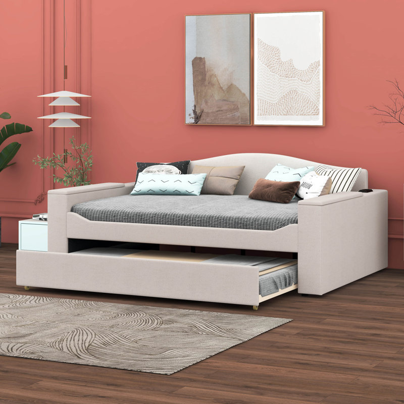 Full / Double Upholstered Daybed with Storage Armrests, Trundle and Latest Integrated Bluetooth Audio System, Beige