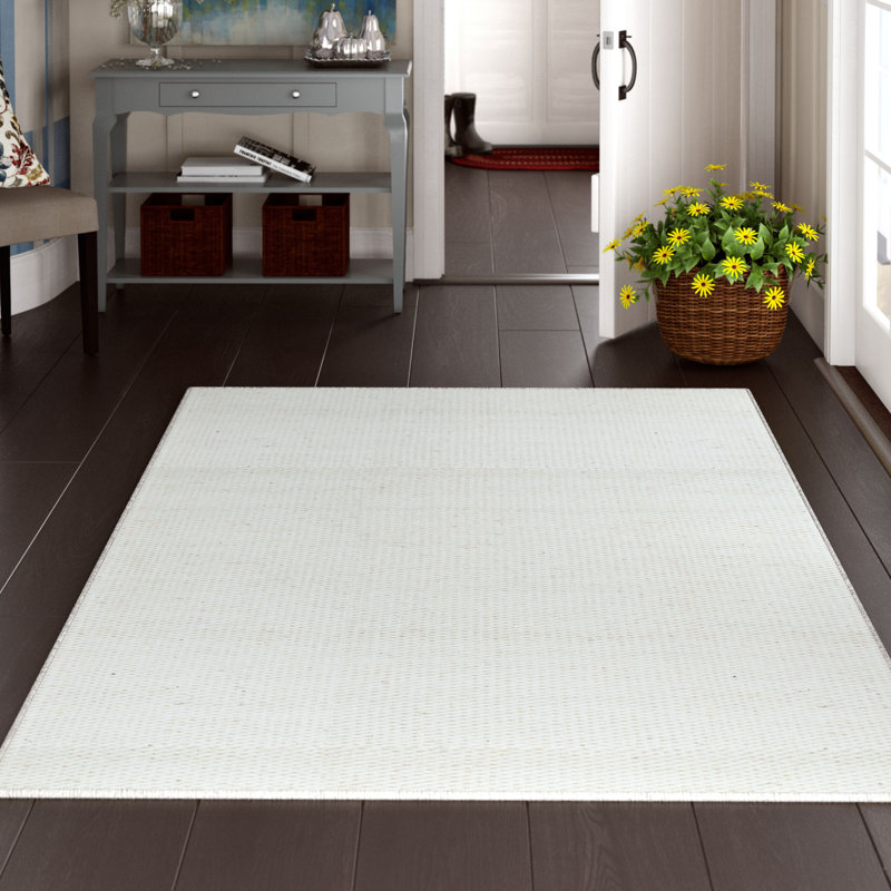 Tapis blanc cassé en laine tissé à plat à la main Rita, Rectangle de 5 pi x 8 pi