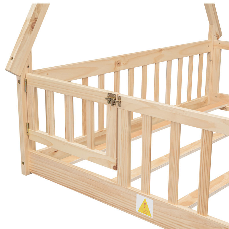 Lit double avec structure et garde-corps en bois naturel pour les nuits calmes, Lit double, Naturel