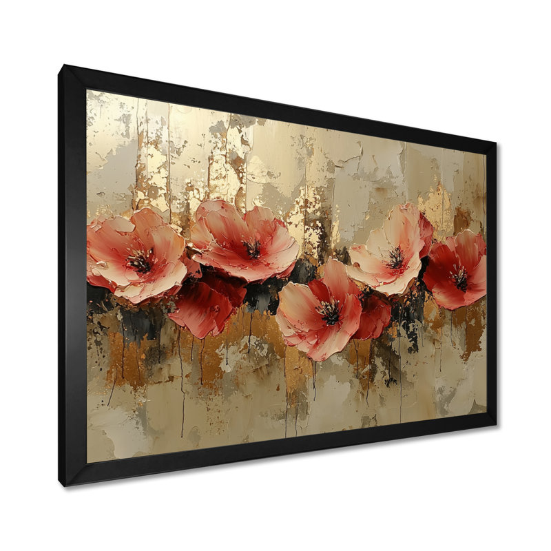 Murin Golden Fiery Poppies on Marble River - coquelicots, art mural, H 30 po x l 40 po, Noir, noir, noir, noir