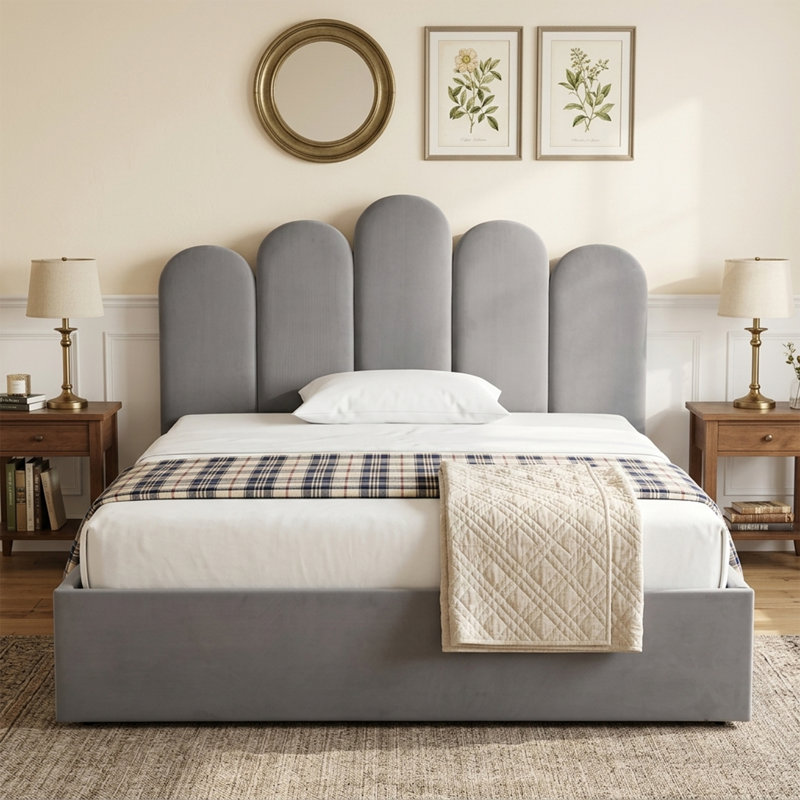 Petal Palm Headboard Upholstered Platform Bed with Gas Lift Storage, Full, Gray Velvet, Full / Double, Gray