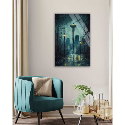 Seattle Space Needle Tempered Glass Wall Art - Moody Urban Nightscape Impressionist Painting, Washington State Skyline Rainy Street Decor