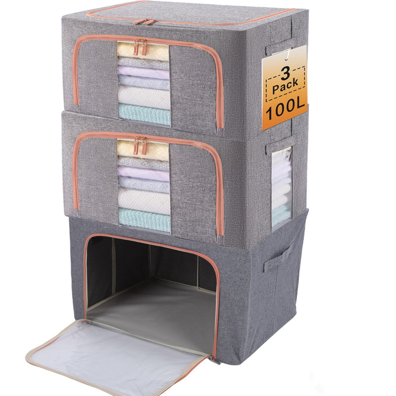 3 packs Clothes Storage Bins with Metal Frame Foldable Storage Box Clothes Organizers Storage Containers for Clothes Sheets Blankets Books Toys Gifts and Holiday Decorations (100L)