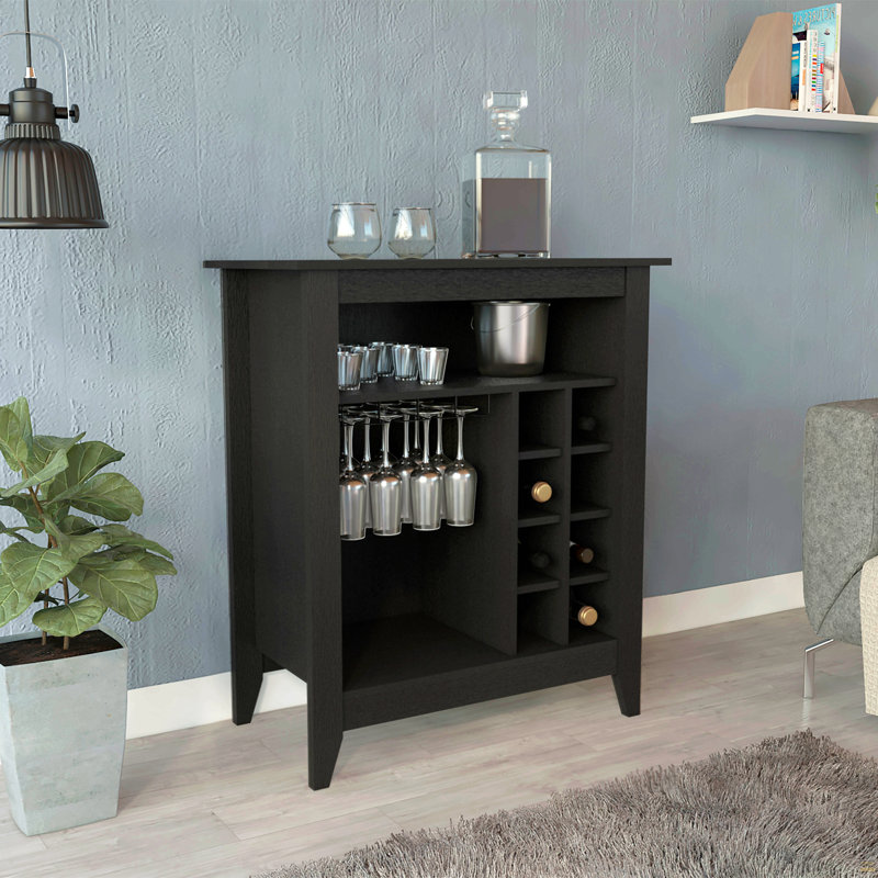 Armoire de bar Essential, une tablette ouverte, six supports à vin intégrés, un tiroir, Noir