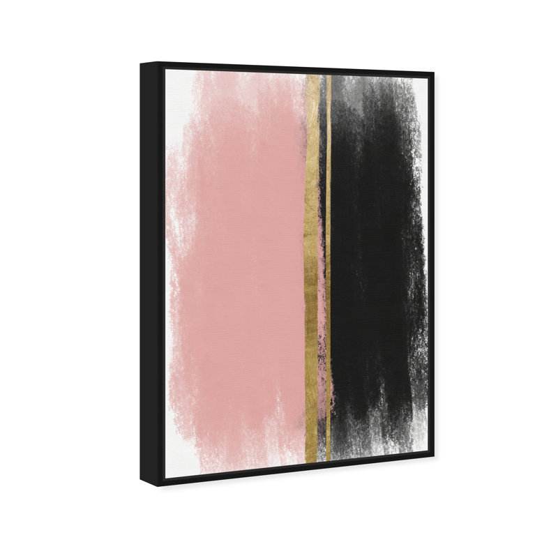 «Blush Around», rose doré, coups de pinceau, rose glamour - peinture sur toile, H 16 po x l 11 po, Cadre noir