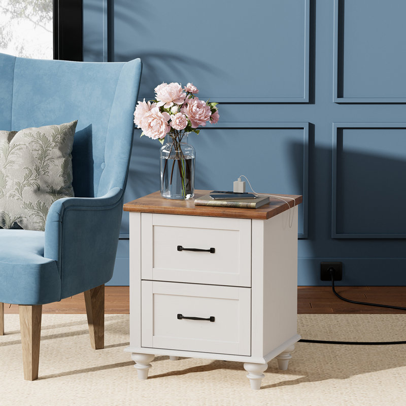 Scarlett 2 - Drawer End Table and Built-In Outlets, Walnut/White