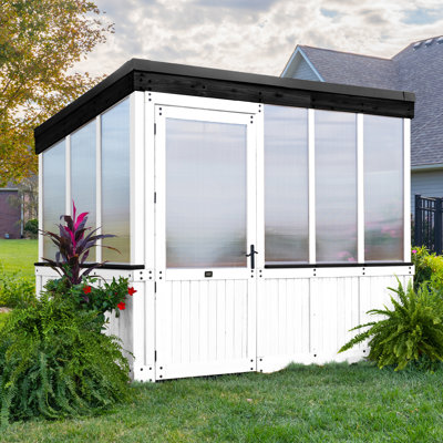 Backyard Discovery Willow 9' x 6' White Cedar Wood and Polycarbonate Walk-In Outdoor Greenhouse Kit with PowerPort