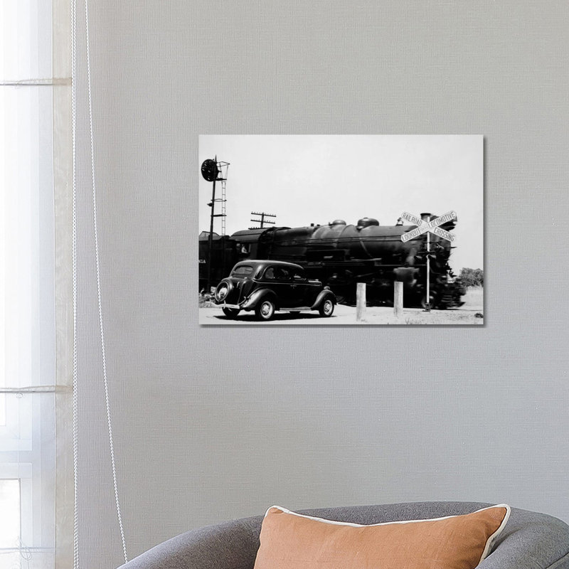 1930s Automobile Stopped at Railroad Grade Crossing with Steam Engine Speeding by 1 Piece Wrapped Canvas Wall Art