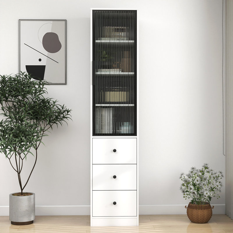 70.87" H Tall Bathroom Storage Cabinet With 1 Glass Door And 3 Drawer, Narrow Storage Unit, Floor Cabinet For Bathroom, Living Room, Entryway, Kitchen