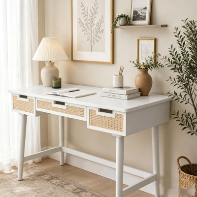 51'' Rattan Wooden Writing Desk with 3 Rattan Drawers, Rubber Wood & MDF Veneer Multi Functional Workstation Vanity Console Table with Anti-Tipping Design