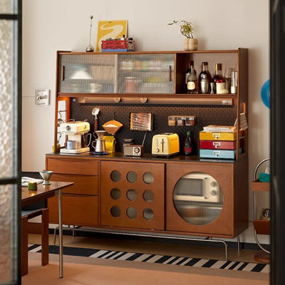Buffet brun + noir + argent fritté + bois massif + verre + buffet en acier inoxydable