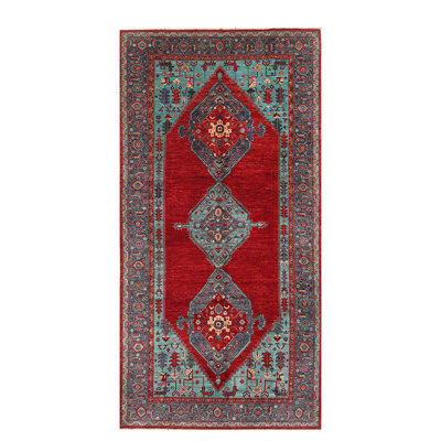 Tapis de couloir unique en laine noué à la main de 7 pi 1 po x 14 pi 2 po rouge / gris / bleu