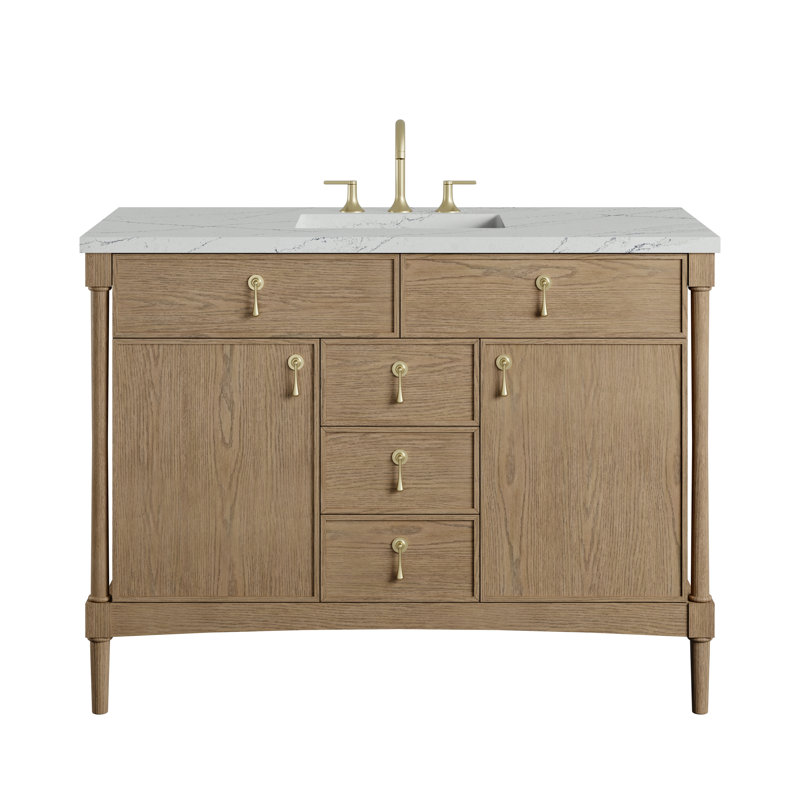 Kinnsden 48" W Single Vanity, Ethereal Noctis Silestone, 8" Widespread, Weathered Oak