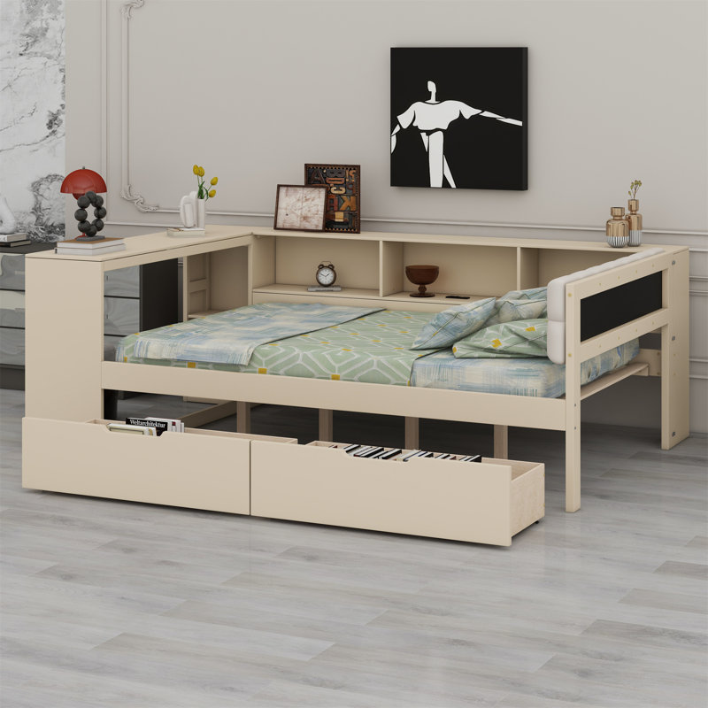 Lit plateforme avec tablettes de rangement, tiroirs, station de charge et tête de lit tapissier, Double, Crème, crème