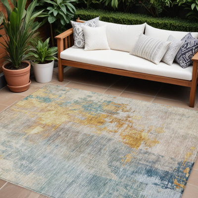 Tapis extérieur lavable abstrait bleu sarcelle et cuivre 9 pi x 12 pi Lin