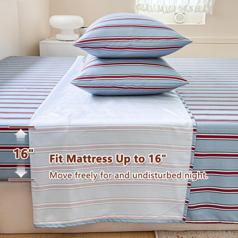 Draps en percale rayée, draps de lit en microfibre douce prélavée à fines rayures, ensemble de draps de style ferme avec poches profondes