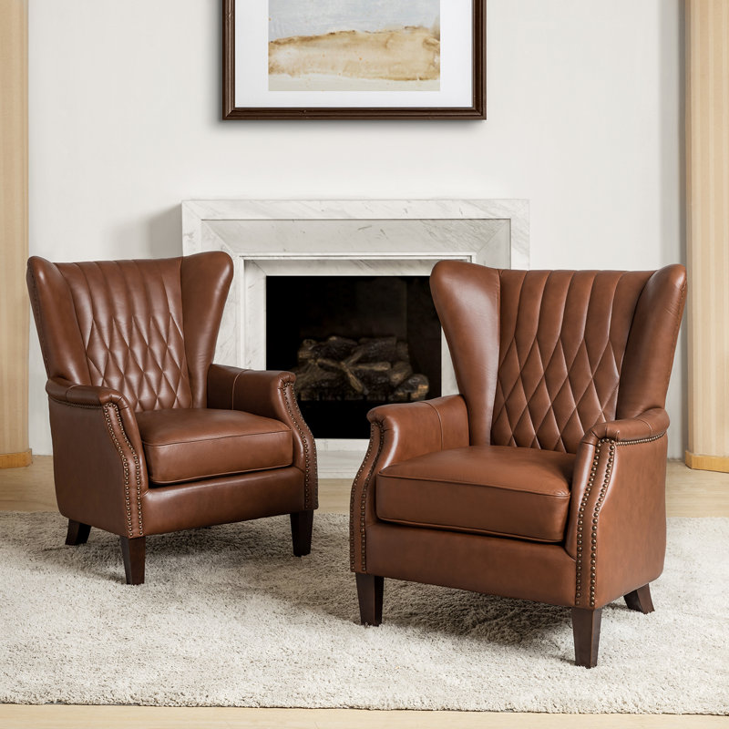 Ameliah Genuine Leather Wingback Chair, Brown Genuine Leather