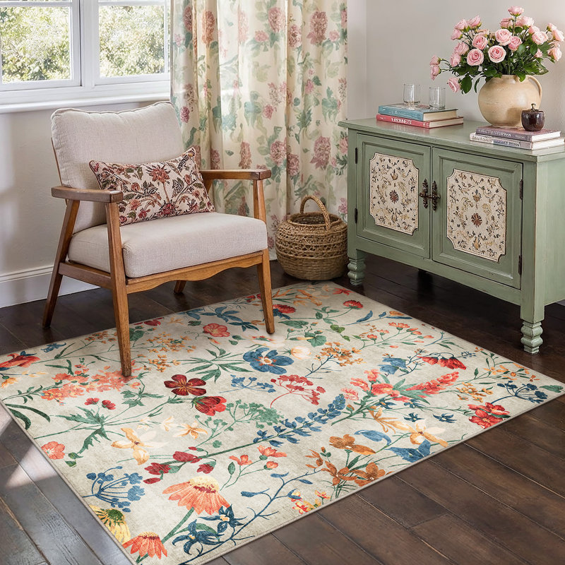Cherry Machine Washable Floral Area Rug With Non-Slip Backing, Rectangle 4' x 6', Beige