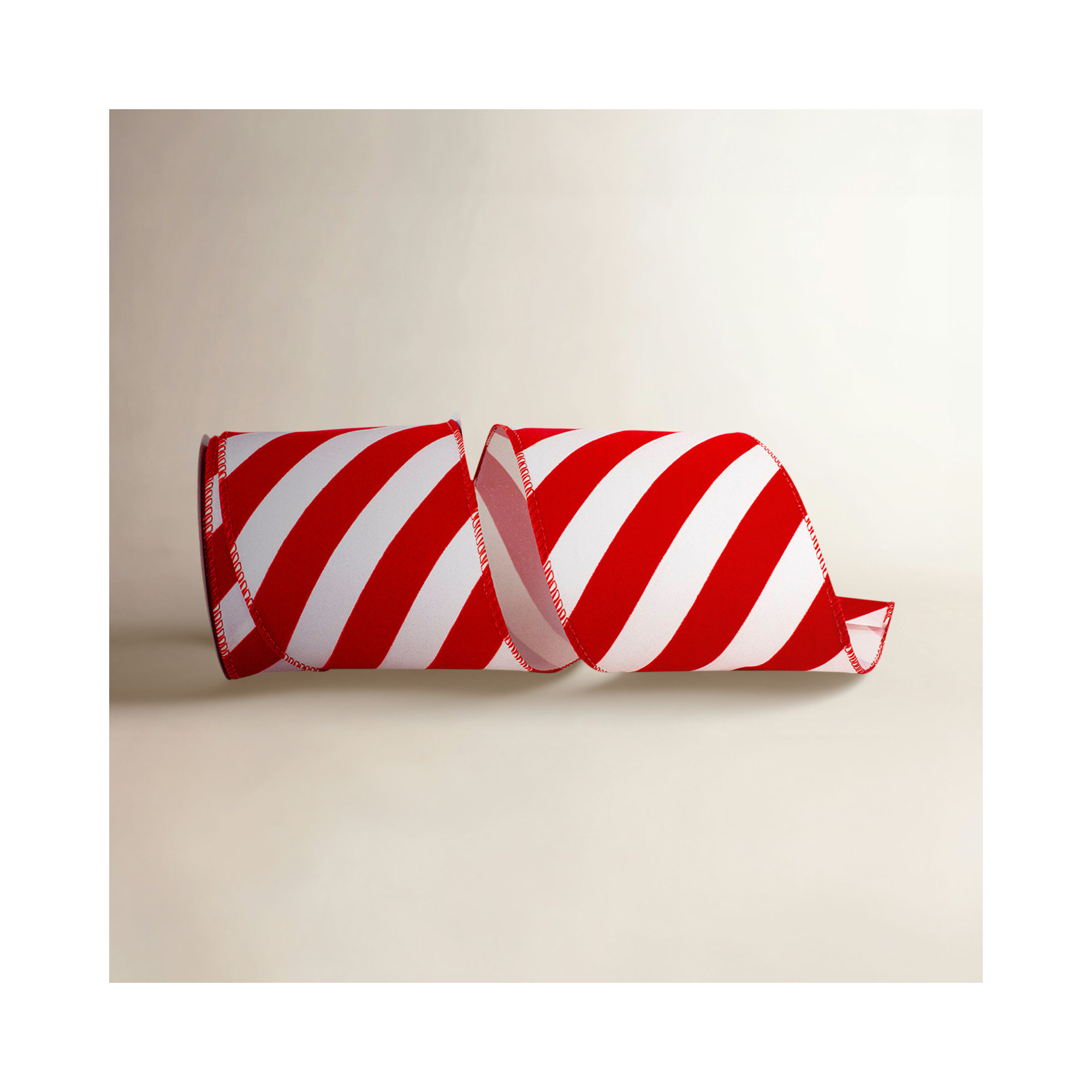 Red/White Candy Cane Grand Velvet Stripe Outdoor Polypro Wired Edge Ribbon, 4" H x 6" W x 6" D